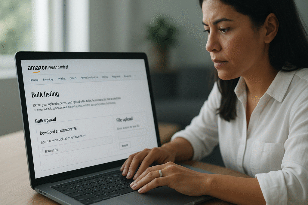 Image 2: [ALT: Seller managing Amazon inventory through bulk listing tool in Seller Central]