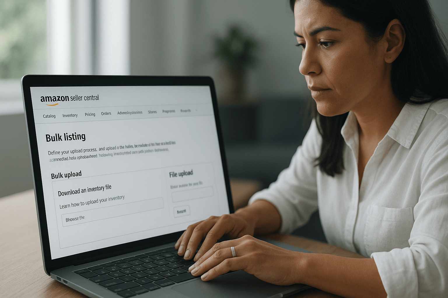 Image 2: [ALT: Seller managing Amazon inventory through bulk listing tool in Seller Central]
