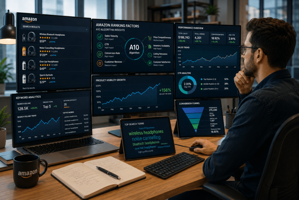 A professional Amazon seller reviews product performance metrics, search visibility data, and ranking analytics to understand how the Amazon search algorithm influences product rankings in 2026.