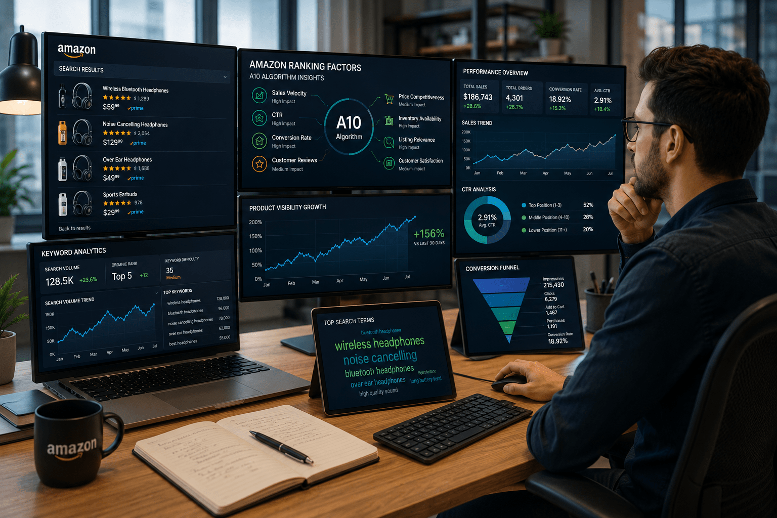 A professional Amazon seller reviews product performance metrics, search visibility data, and ranking analytics to understand how the Amazon search algorithm influences product rankings in 2026.