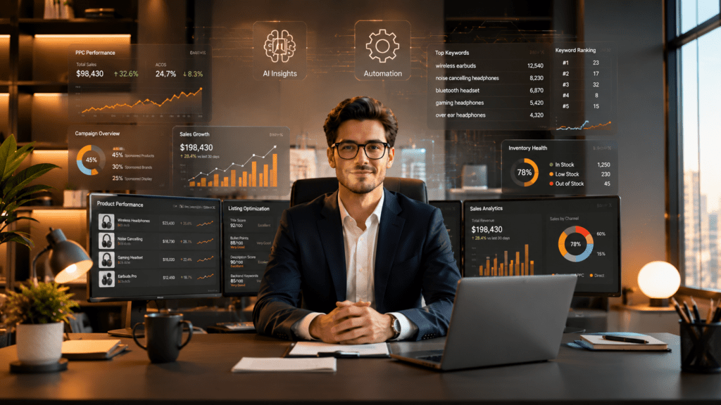 Amazon seller using AI-powered analytics, Amazon PPC dashboards, SEO tools, and sales reports to grow an Amazon business in 2026.