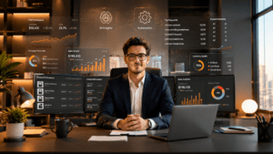 Amazon seller using AI-powered analytics, Amazon PPC dashboards, SEO tools, and sales reports to grow an Amazon business in 2026.