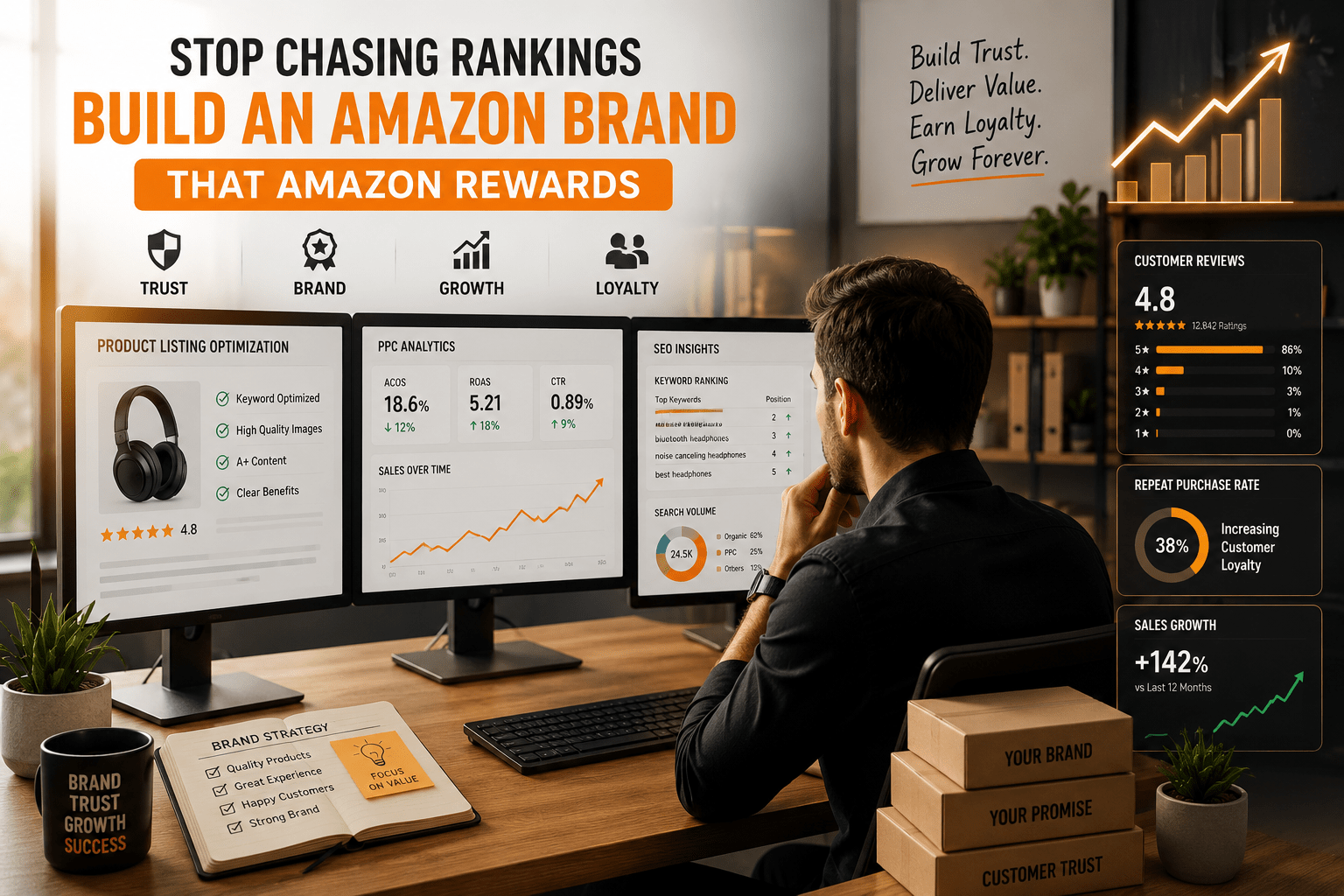 Professional Amazon seller building a trusted brand using Amazon SEO, PPC, customer reviews, and branding strategies for long-term business growth.