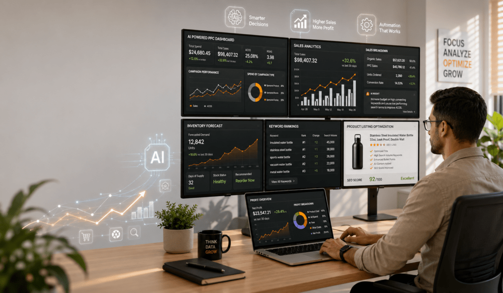 AI for Amazon Sellers in 2026 showing an Amazon seller using AI-powered PPC dashboards, SEO analytics, inventory forecasting, keyword research, and sales performance tools to grow an Amazon business.