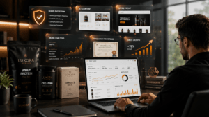 Professional Amazon seller using Amazon Brand Registry tools to protect a private label brand and increase sales with A+ Content, Brand Analytics, and Storefront features.